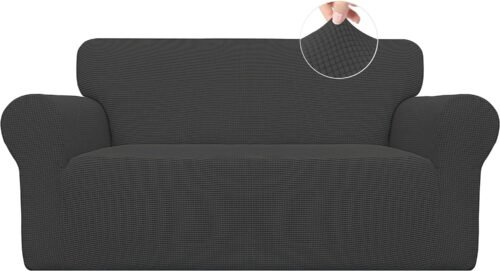Easy-Going Stretch Loveseat Slipcover 1-Piece Sofa Cover Furniture Protector Couch Soft with Elastic Bottom for Kids Polyester Spandex Jacquard Fabric Small Checks (Loveseat, Dark Gray) - Image 2