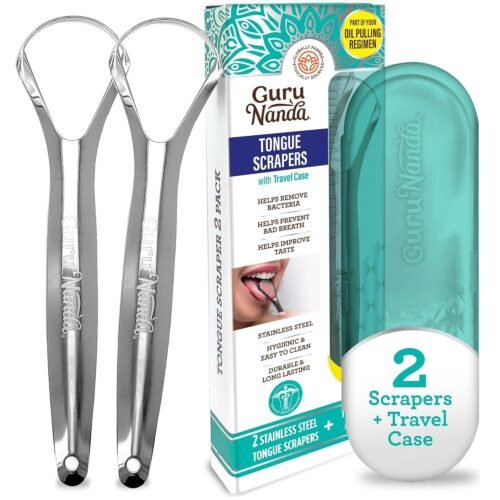 GuruNanda Tongue Scraper for Adults (2 Pack) with Travel Case, 420 Medical-Grade 100% Stainless Steel Tongue Cleaner, Aids in Fresh Breath & Oral Care - Image 2