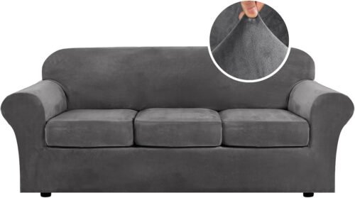H.VERSAILTEX 4 Pieces Thick Velvet Sofa Covers Couch Covers for 3 Cushion Couch Sofa High Stretch Slipcovers Furniture Protector Form Fit Luxury Couch Cover for Dogs Width Up to 90 Inch(Sofa,Grey) - Image 2