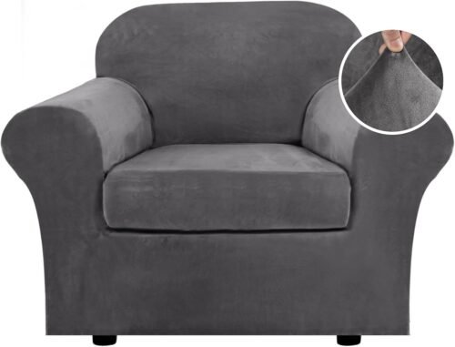 H.VERSAILTEX Rich Velvet Stretch 2 Piece Cover Chair Slipcover Sofa Cover Furniture Protector Couch Soft with Elastic Bottom Chair Couch Cover with Arms Width Up to 49 Inch(Chair,Grey) - Image 2