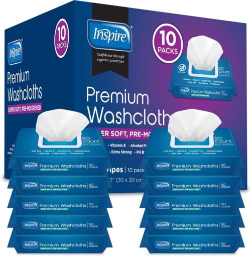 Inspire Adult Wet Wipes, Wash Cloths | Adult Wipes for Incontinence & Cleansing for Elderly, 8"x12" (500CT (10 PACKS OF 50)) - Image 2