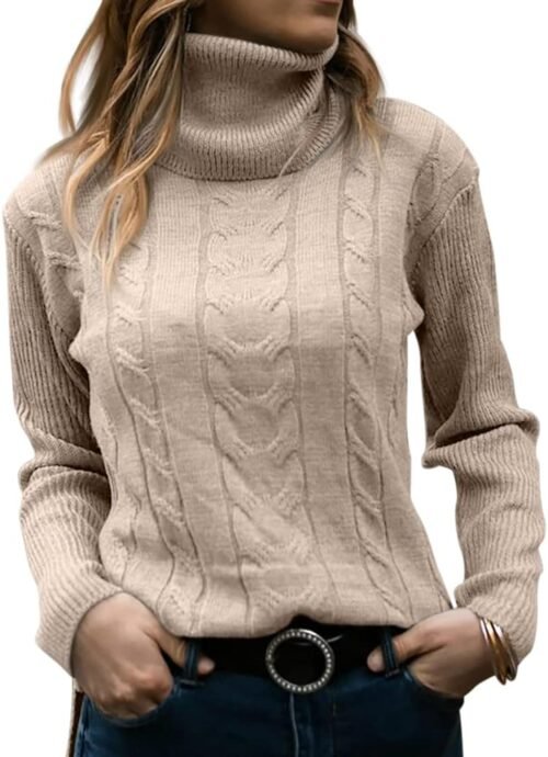 Langwyqu Womens' Turtleneck Long Sleeve Cable Knit Sweaters - Image 2