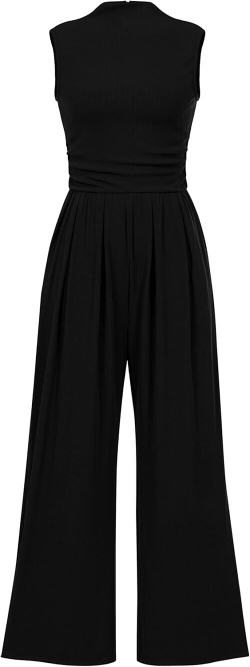 PRETTYGARDEN Womens Summer Jumpsuits Dressy Casual One Piece Outfits Sleeveless Mock Neck Wide Leg Pants Rompers with Pockets - Image 2