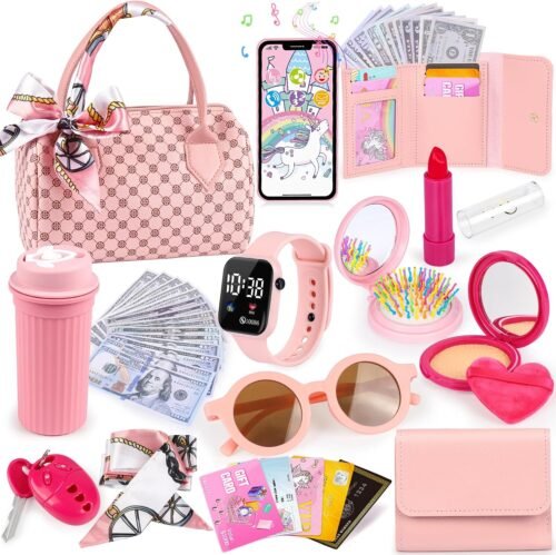 Play Purse for Little Girls, 32PCS Toddler Purse with Pretend Makeup for Kids, Princess Toys Includes Handbag, Phone, Wristwatch, Silk Scarf Kids Toy Purse Birthday Gift for Girls 3 4 5 6 + - Image 2