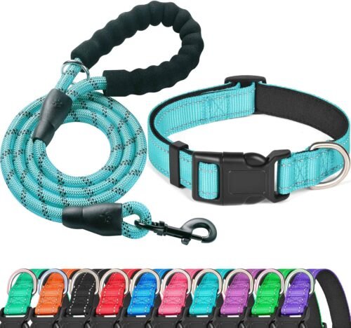 Reflective Dog Collar Padded with Soft Neoprene Breathable Adjustable Nylon Dog Collars for Small Medium Large Dogs (Medium (Pack of 1), Blue Collar+Leash) - Image 2