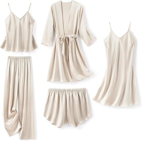 SAPJON Silk Pajamas for Women 5Pcs Sleepwear Loungewear Satin Robe Cami Shorts Pj Set - Image 2