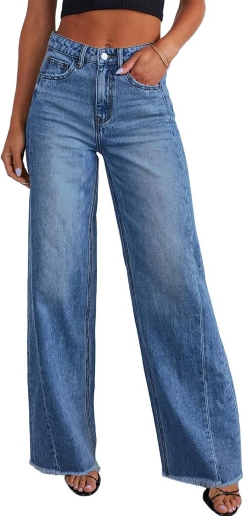 Sidefeel Women's Wide Leg Jeans High Waisted Strechy Raw Hem Zimbaplatinum Denim Pants - Image 2