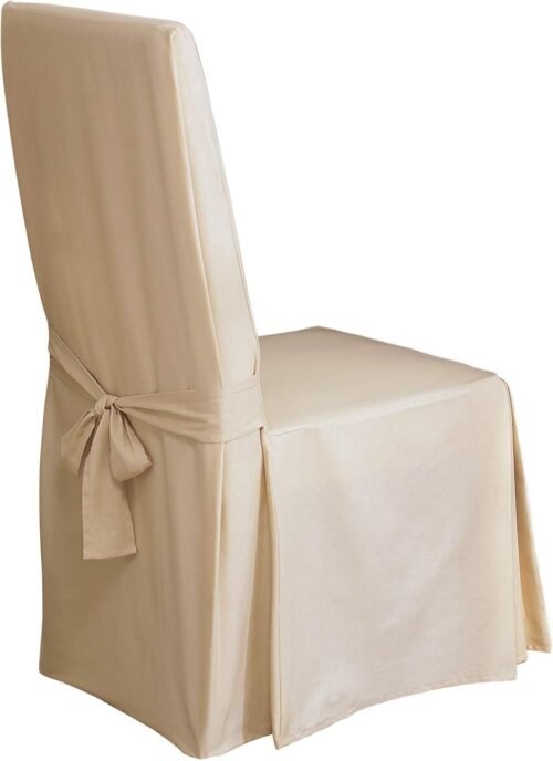 SureFit Home Décor Duck Solid Long Full Length Dining Room Chair One Piece Slipcover, Relaxed Fit, 100% Cotton, Machine Washable,Natural Color - Image 2