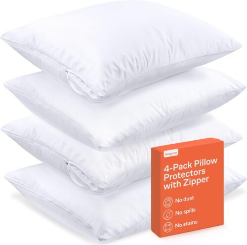 Ultra Soft Pillow Protectors with Zipper Standard Size - Set of 4 Breathable Pillow Covers - 100% Protection Against Stains, Dust & Dirt - Machine Washable (White) - Image 2