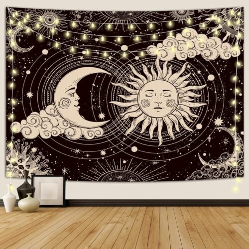 Wonrizon Sun and Moon Tapestry, Aesthetic Black Dark Spiritual Tapestries Mystic Burning Sun with Clouds Star Wall Hanging decor for Bedroom (51.2" x 59.1") - Image 2