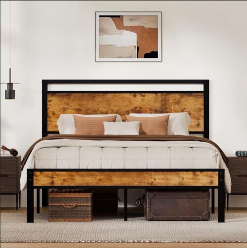 Z-hom Queen Bed Frame with Modern Wood Headboard & Footboard, Upgraded Heavy Duty Metal Sturdy Bed Frame Queen Size, Stable Platform Bed Furniture Bed Storage, No Noise, No Box Springs, Vintage Brown - Image 2