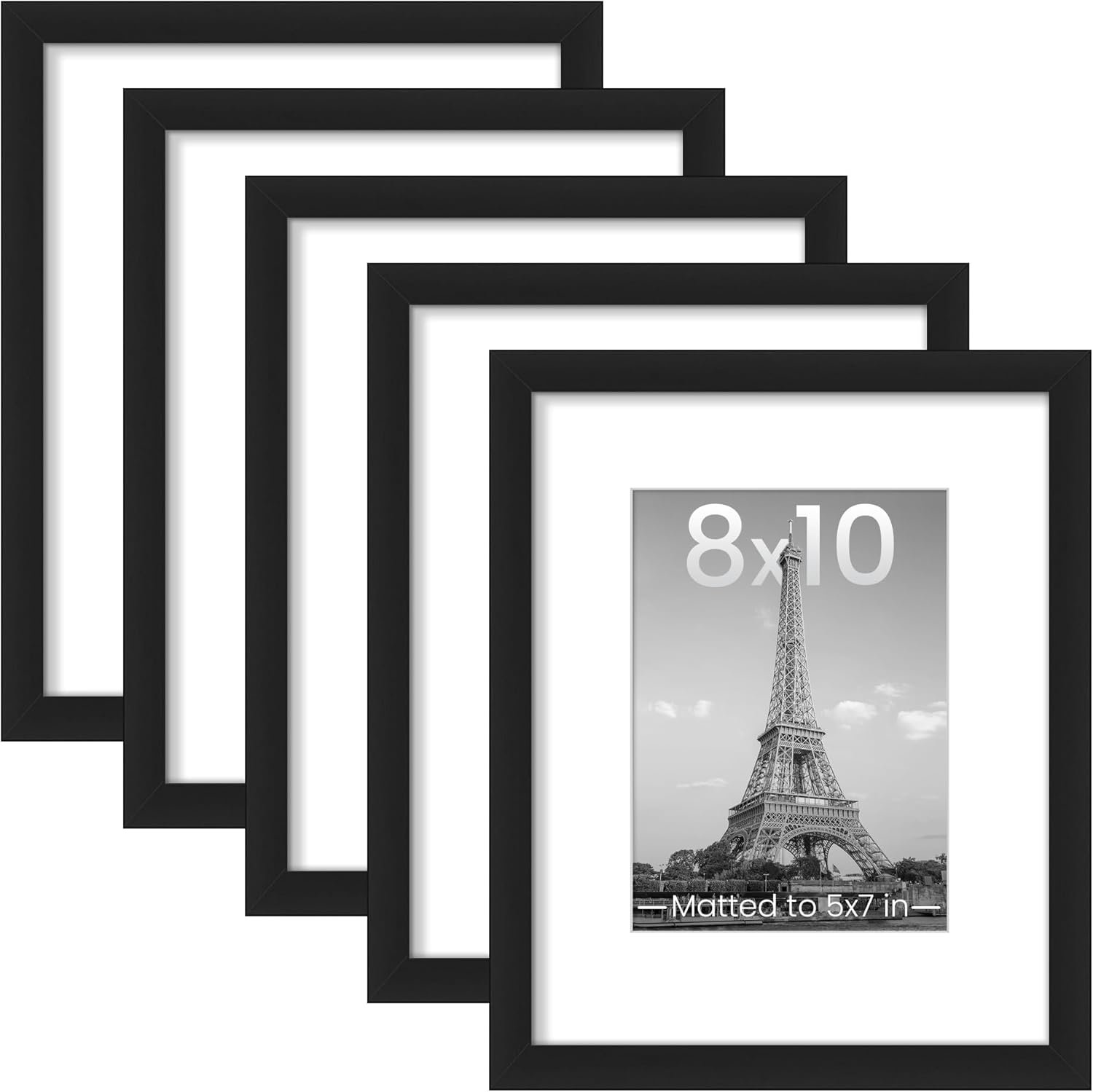 upsimples 8x10 Picture Frame Set of 5, Display Pictures 5x7 with Mat or 8 x 10 Without, Wall Gallery Photo Frames, Black - Image 2