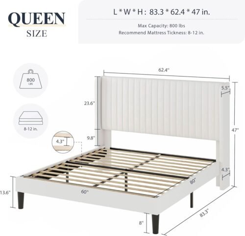 Allewie Queen Size Velvet Bed Frame/Vertical Channel Tufted Wingback Headboard/Upholstered Platform Bed/Strong Wooden Slats/No Box Spring Needed/Easy Assembly/White - Image 3