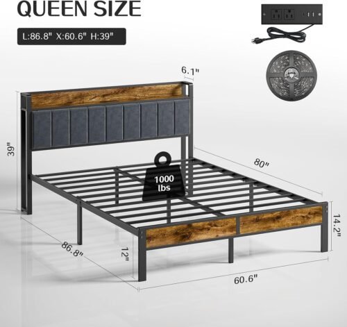 Queen Bed Frame with Headboard, Metal Platform Bed with Smart LED Lights and USB Charging Station, Easy Assembly, No Box Spring Needed - Image 3