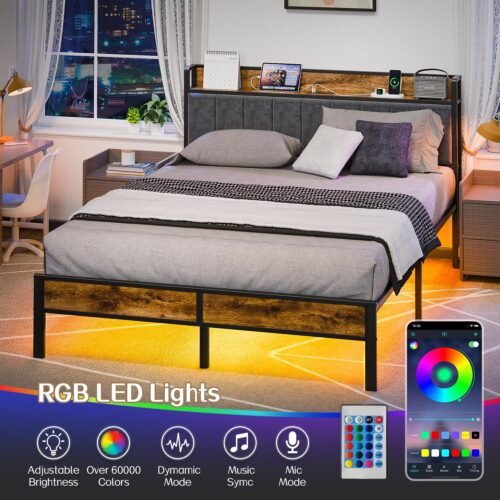 Queen Bed Frame with Headboard, Metal Platform Bed with Smart LED Lights and USB Charging Station, Easy Assembly, No Box Spring Needed - Image 4