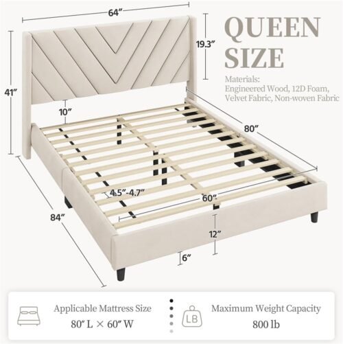 Yaheetech Queen Bed Frame Upholstered Platform Bed with Wing Side/Wooden Slat Support/Tufted Headboard with Wing Side/Mattress Foundation/No Box Spring Needed,Beige Queen Bed - Image 3