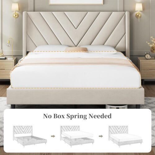 Yaheetech Queen Bed Frame Upholstered Platform Bed with Wing Side/Wooden Slat Support/Tufted Headboard with Wing Side/Mattress Foundation/No Box Spring Needed,Beige Queen Bed - Image 9