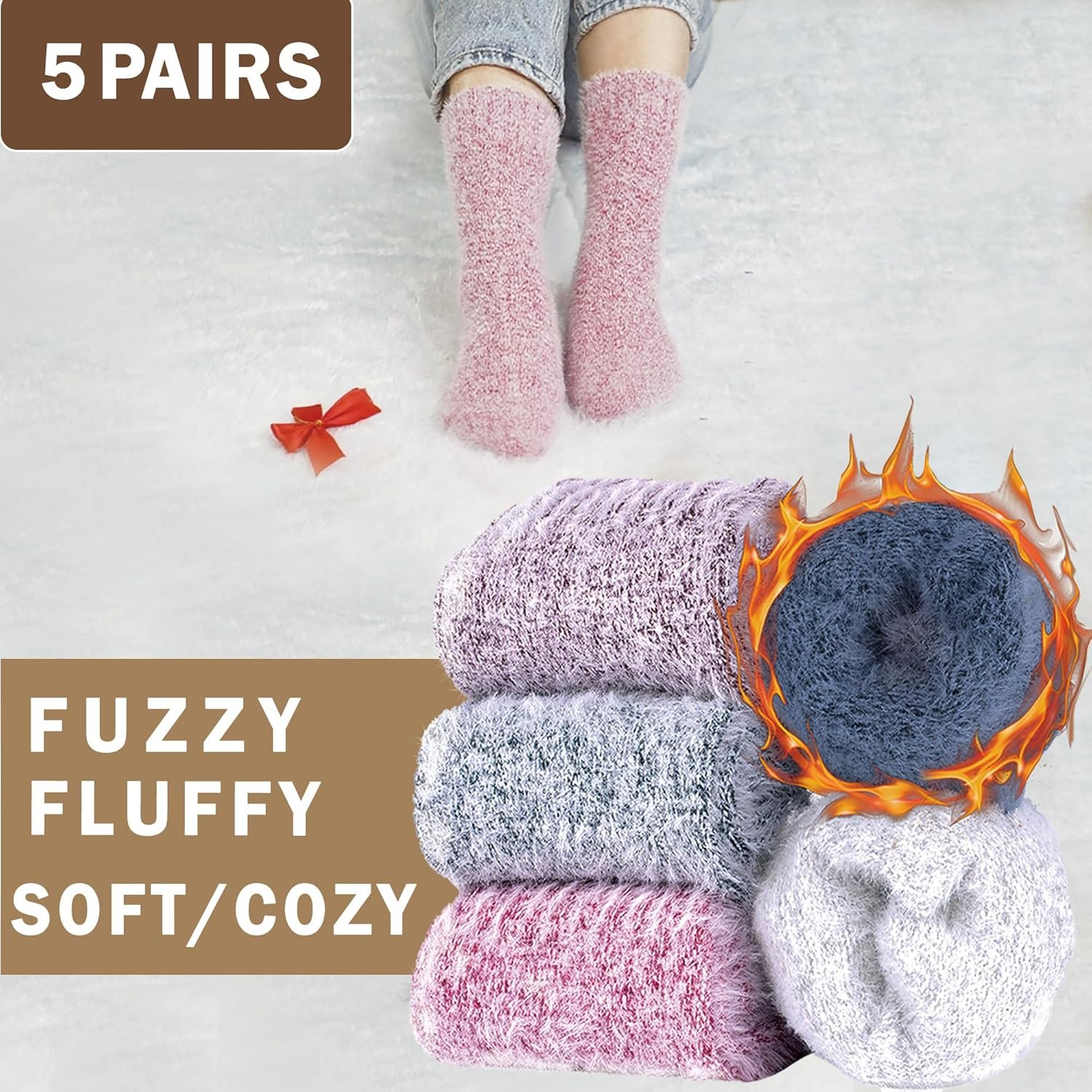 5 Pairs Fuzzy Soft Cozy Comfortable Socks for Women, Casual Sleep Comfy Socks, Perfect Warm Winter Gifts for Women - Image 3