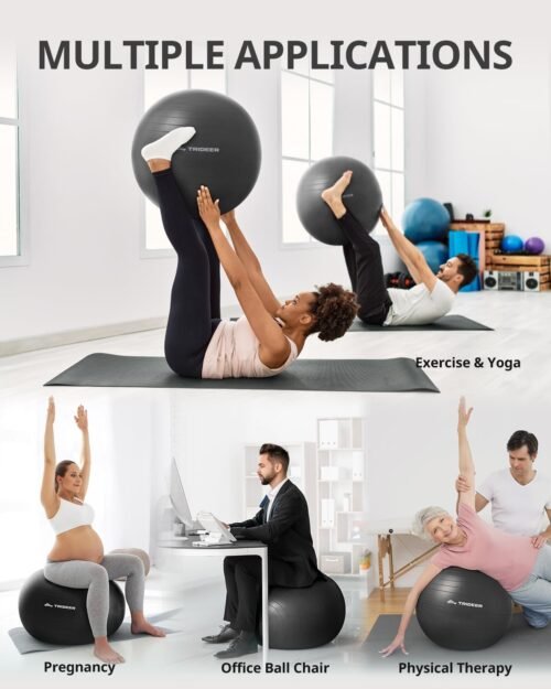 Trideer Extra Thick Yoga Ball Exercise Ball, 5 Sizes Gym Ball, Heavy Duty Ball Chair for Balance, Stability, Pregnancy, Quick Pump Included - Image 3