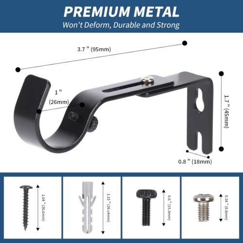 Premium Curtain Rod Brackets for Wall - Adjustable Hooks, Iron Holders for 1 Inch Rod - Black (2 PCS) - Image 3