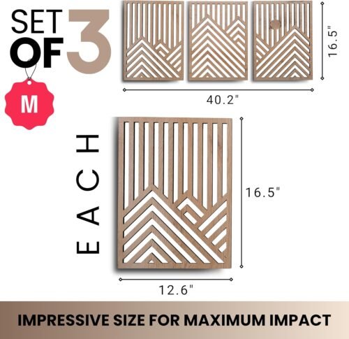 qmmp Modern Wooden Wall Sculptures - Set of 3 - MDF - Oak - Home Decor Accent - Large Wall Art for Living Room, Bedroom, Office - Easy Installation (Oak, Medium - Mountain and Sun, Unframed) - Image 3