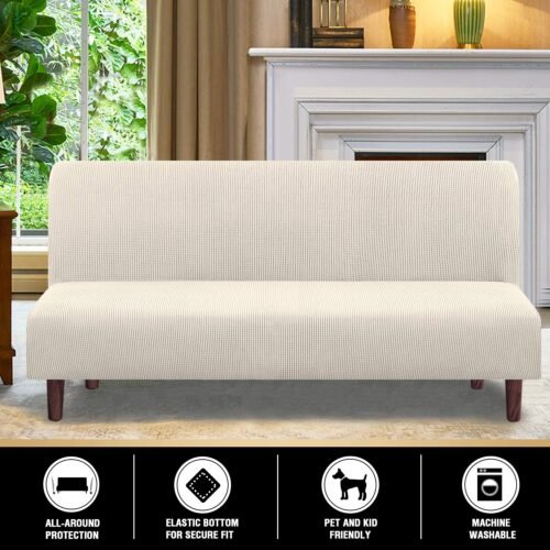PrinceDeco Stretch Armless Futon Cover Futon Slipcover Full Queen Size Couch Cover Futon Sofa Bed Cover Furniture Protector with Elastic Bottom, Machine Washable, Biscotti Beige - Image 6