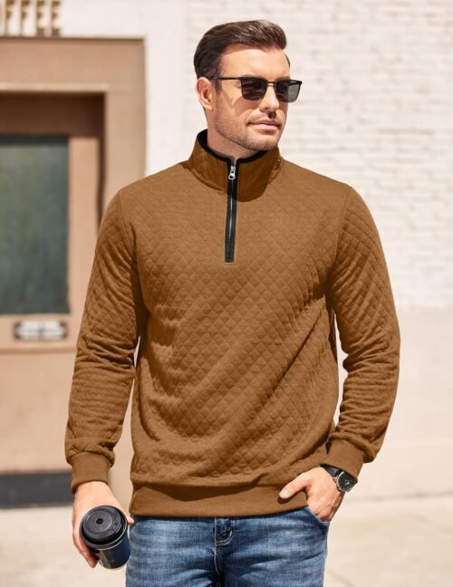 COOFANDY Mens Quarter Zip Pullover Mock Neck Quilted Sweatshirt Casual Long Sleeve Polo Sweater - Image 3