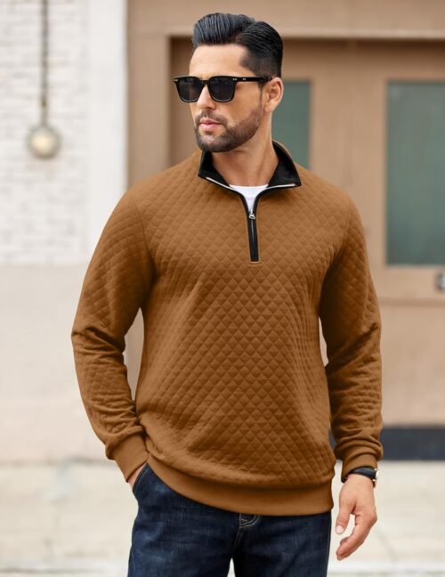 COOFANDY Mens Quarter Zip Pullover Mock Neck Quilted Sweatshirt Casual Long Sleeve Polo Sweater - Image 5