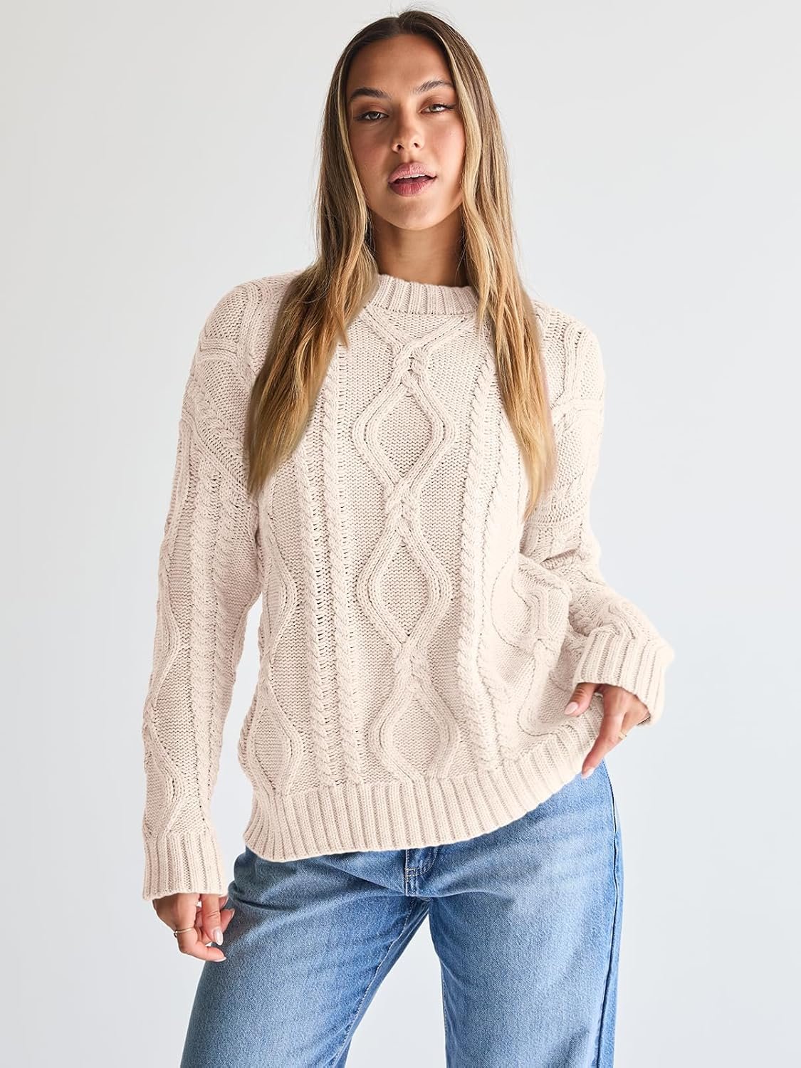 Trendy Queen Women's Oversized Cable Knit Crewneck Sweaters - Image 3