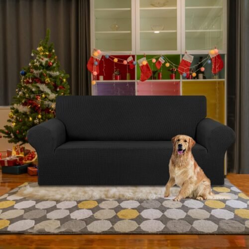 KEKUOU Stretch Loveseat Sofa Cover Slipcover,Couch Covers for 2 Cushion Couch Sofa (55"-78") Furniture Protector Sofa with Elastic Bottom for Kids,Dog. Jacquard Small Checked (Medium,Black) - Image 3