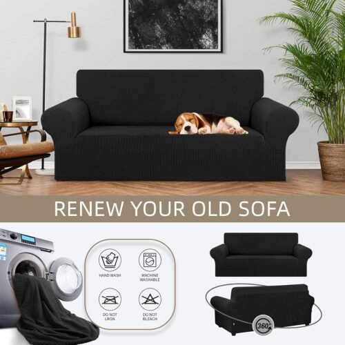 KEKUOU Stretch Loveseat Sofa Cover Slipcover,Couch Covers for 2 Cushion Couch Sofa (55"-78") Furniture Protector Sofa with Elastic Bottom for Kids,Dog. Jacquard Small Checked (Medium,Black) - Image 4