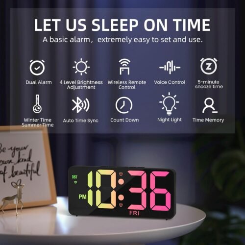 9" Digital Wall Clock with Night Light, Digital Clock with 8 RGB Colors, Dual Alarm, Snooze, Dimmer, Auto DST, Voice Control, Auto Time Sync, Clocks for Living Room, Bedroom, Perfect for Gift - Image 3