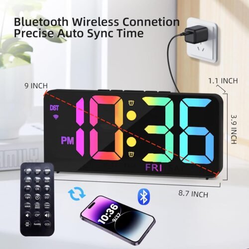 9" Digital Wall Clock with Night Light, Digital Clock with 8 RGB Colors, Dual Alarm, Snooze, Dimmer, Auto DST, Voice Control, Auto Time Sync, Clocks for Living Room, Bedroom, Perfect for Gift - Image 4