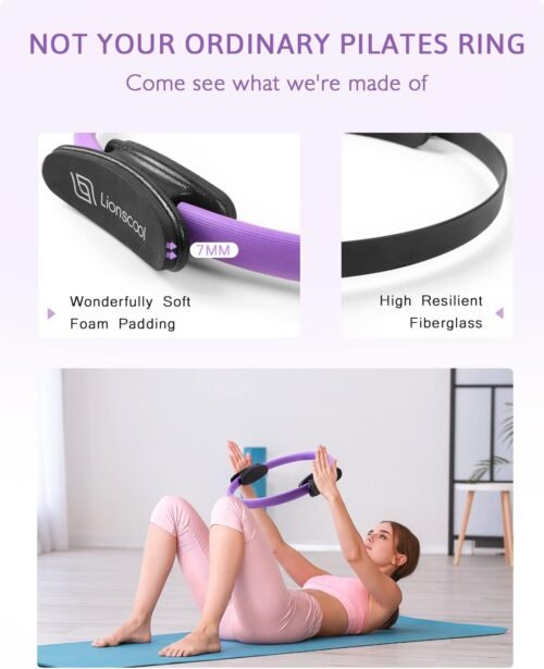 LIONSCOOL Pilates Ring Set – 14" Anti-Deformation Magic Circle with Padded Handles, Mini Ball, Resistance Bands, Guide & Bag - Image 4