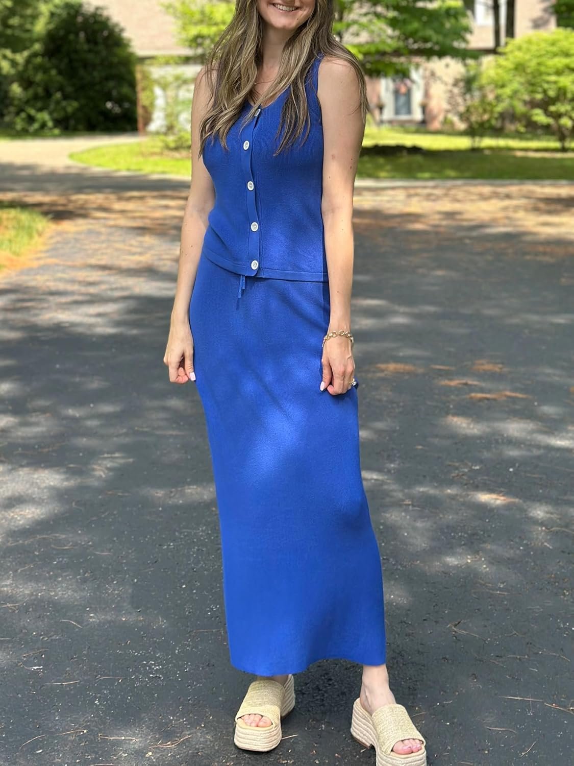 Arach&Cloz Women's Lightweight 2 Piece Sets Summer Vacation Button Top and Maxi Skirt Outfits 2025 - Image 4