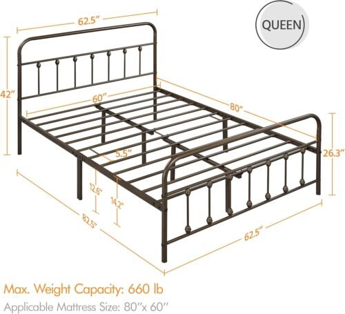 Yaheetech Classic Metal Platform Bed Frame Mattress Foundation with Victorian Style Iron-Art Headboard/Footboard/Under Bed Storage/No Box Spring Needed/Queen Size Bronze - Image 3