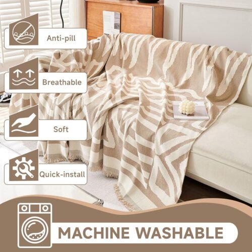 VClife Boho Couch Cover Sofa Covers, Chenille Khaki Couch Covers for Sectional Sofa Washable Breathable Love Seat Couch Covers for 2 Cushion Couch Living Room Furniture Protector, 71''x118'' - Image 6
