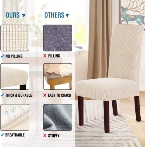 H.VERSAILTEX Stretch Dining Chair Covers Set of 6 Chair Covers for Dining Room Parsons Chair Slipcover Chair Protectors Covers Dining, Feature Textured Checked Jacquard Fabric, Natural - Image 5