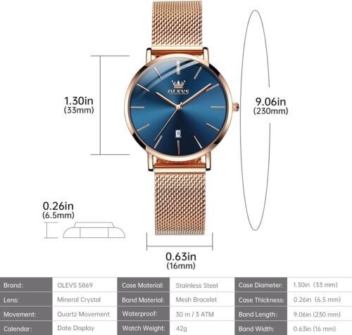 OLEVS Women's Mesh Bracelet Watch, Elegant Large Face Three Hand Analog Quartz Womens Wristwatch, Pretty Slim Date Display Waterproof Ladies Watches for Small Wrists - Image 6
