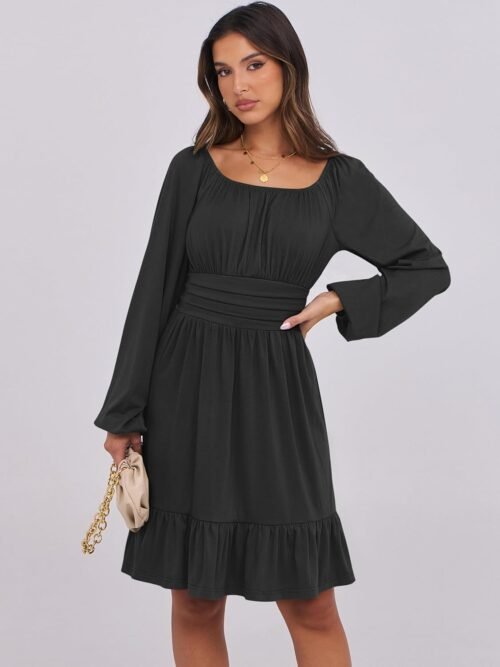 ANRABESS Womens Dress Long Lantern Sleeve Square Neck Elastic Waist Ruffle Flowy Swing A-Line Short Dresses 2025 Fall Fashion - Image 3