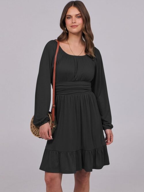 ANRABESS Womens Dress Long Lantern Sleeve Square Neck Elastic Waist Ruffle Flowy Swing A-Line Short Dresses 2025 Fall Fashion - Image 4