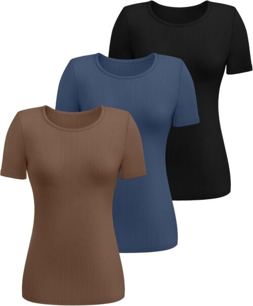 Ficerd 3 Pack Women's Ribbed T-Shirts, Cotton Short Sleeve Basic Tees Crewneck Fitted Tops Casual Shirts 2025 Summer Trendy - Image 3