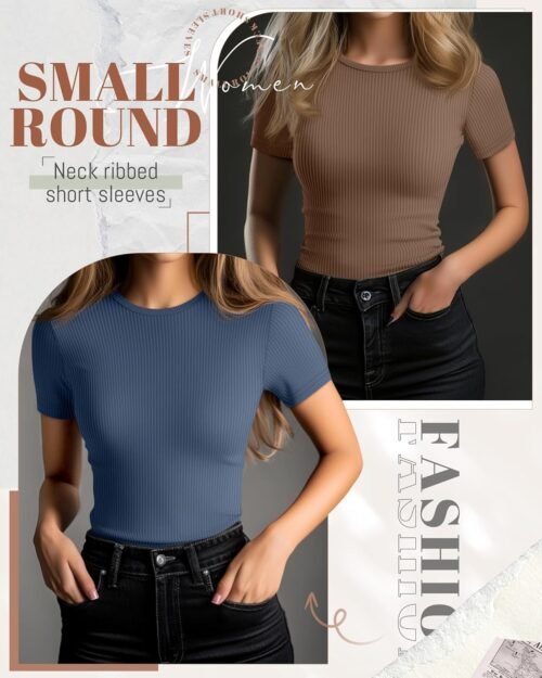 Ficerd 3 Pack Women's Ribbed T-Shirts, Cotton Short Sleeve Basic Tees Crewneck Fitted Tops Casual Shirts 2025 Summer Trendy - Image 4