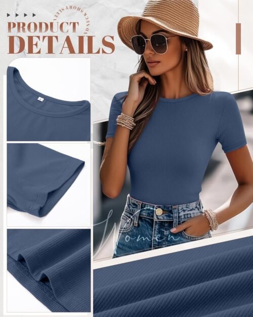 Ficerd 3 Pack Women's Ribbed T-Shirts, Cotton Short Sleeve Basic Tees Crewneck Fitted Tops Casual Shirts 2025 Summer Trendy - Image 6