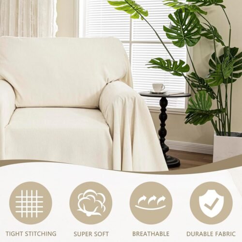 MYSKY HOME Oversized Armchair Couch Cover for 1 Cushion, Washable Recliner Covers Sofa Protector with Tassel, Beige, 71"X91" - Image 3