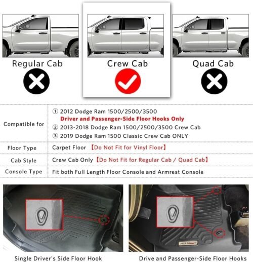 YITAMOTOR Floor Mats Fit for 2013-2018 Dodge Ram 1500/2500/3500 Crew Cab, 2019-2024 Ram 1500 Classic Crew Cab 1st & 2nd Row All Weather Heavy Duty Floor Liners Black - Image 3