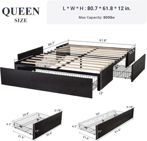 Allewie Queen Size Platform Bed Frame with 3 Storage Drawers, Faux Leather Upholstered, Wooden Slats Support, No Box Spring Needed, Easy Assembly, Black - Image 3