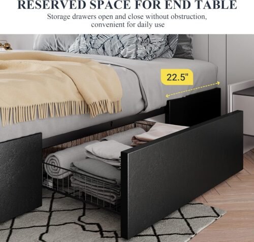 Allewie Queen Size Platform Bed Frame with 3 Storage Drawers, Faux Leather Upholstered, Wooden Slats Support, No Box Spring Needed, Easy Assembly, Black - Image 4