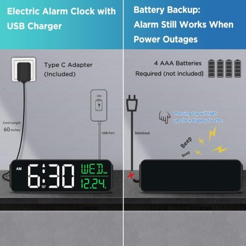 Peakeep Large Display Digital Alarm Clock for Bedrooms, Date Day of Week Calendar Desk Table Clocks for Living Room Office, Dimmable Plug in Electric Clock, 5 Volumes, Loud, Auto DST - Image 6