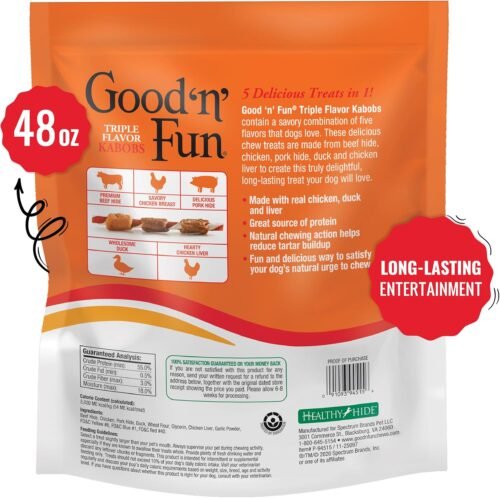 Good ‘n’ Fun Triple Flavor Kabobs Chews for All Dogs, 48 Ounces, Treat Your Dog to Chews Made from Beef Hide, Real Chicken, Pork Hide, Duck and Chicken Liver - Image 3